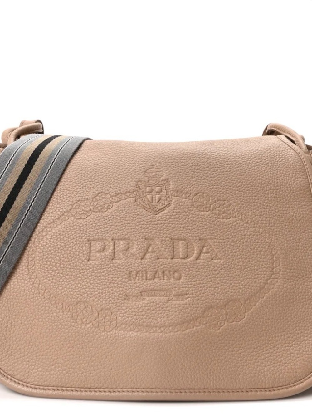 Vitello Daino Embossed Logo Flap Shoulder Bag Sesamo